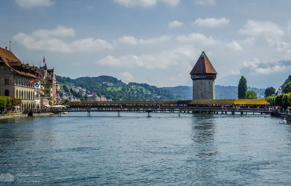 Picture the sky, mountains, bridge, lake, home, Switzerland, promenade, Lucerne