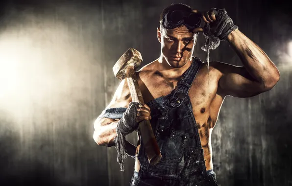 Hammer, guy, jumpsuit, sledgehammer, hard worker, grimy