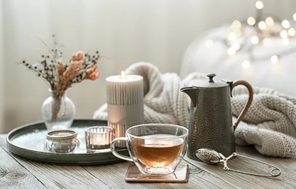 Lights, comfort, tea, Board, candles, kettle, Cup, a bunch