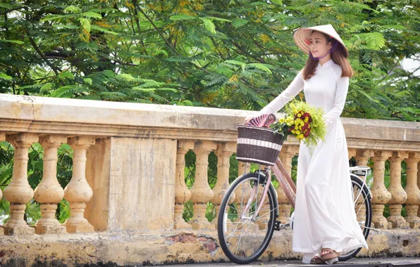 Girl, flowers, bike, bouquet, walk, Asian