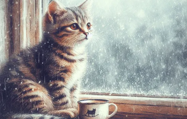 Cat, look, glass, pose, kitty, rain, figure, window