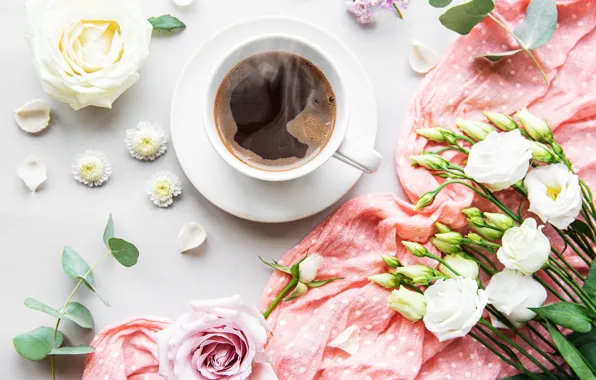 Flowers, coffee, Cup, solitaire, eustoma