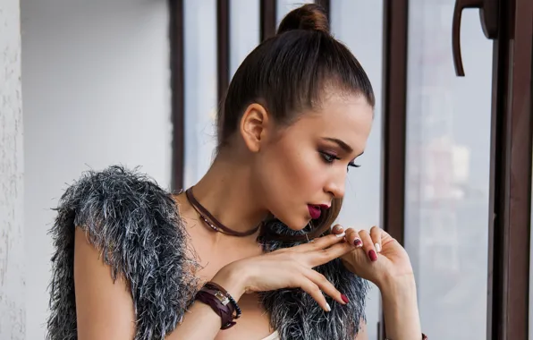 Picture girl, decoration, makeup, brunette, hairstyle, is, beautiful, window