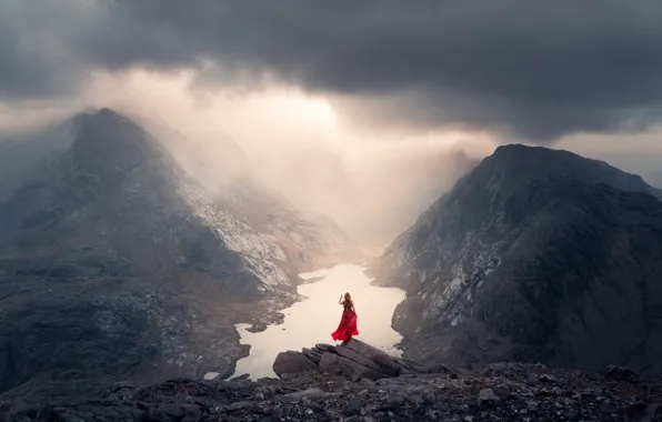 Picture girl, mountains, fog, lake, stones, height, dress, Lizzy Gadd