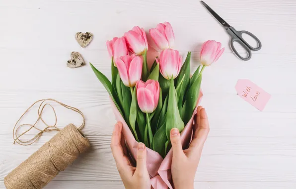 Flowers, bouquet, hands, hearts, tulips, thread, scissors, a coil