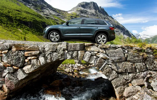 Picture mountains, stream, stream, SUV, Skoda, stone bridge, Skoda, 2016