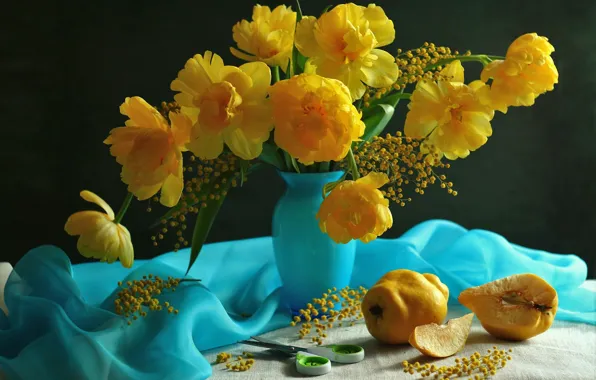 Picture flowers, branches, tulips, vase, fruit, scissors, fabric, quince