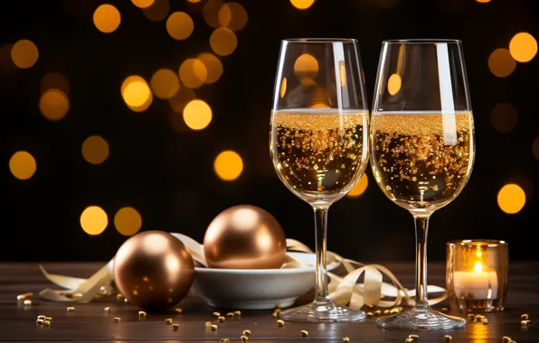 Picture decoration, gold, balls, New Year, glasses, golden, new year, champagne