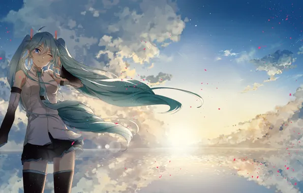 Picture the sky, girl, clouds, dawn, morning, petals, vocaloid, hatsune miku