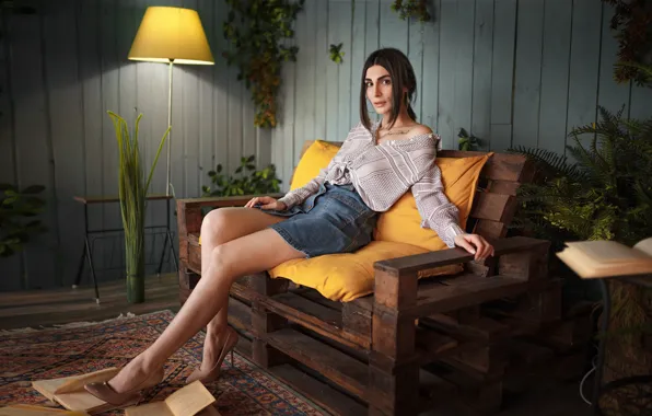 Picture look, model, books, carpet, plants, brown hair, sitting, floor lamp