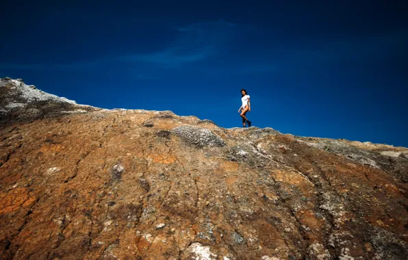 The sky, girl, the sun, pose, rock, model, boots, figure