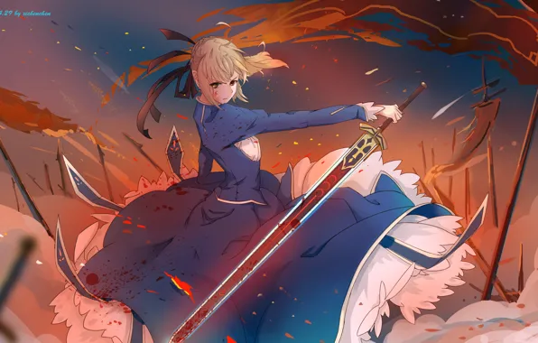 Girl, weapons, blood, sword, anime, art, flags, saber
