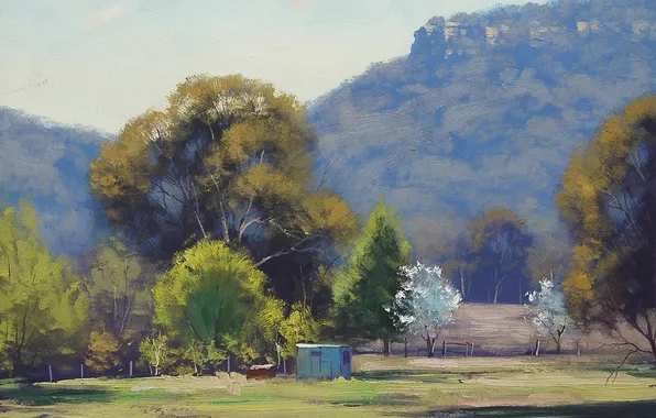 Trees, landscape, hills, the fence, the barn, art, building, artsaus