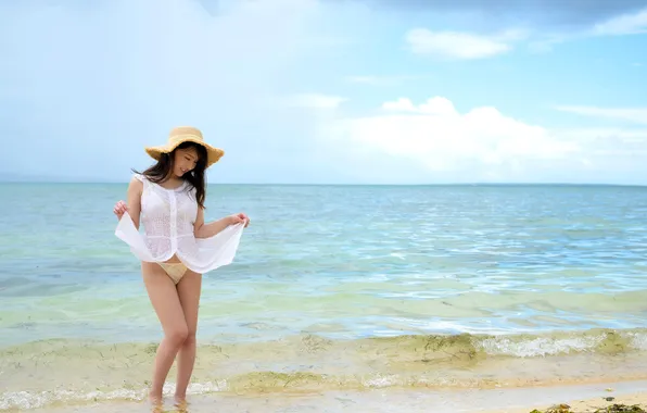 Beautiful, Asian, Model, Coast, Beach, Water, Smile, Woman