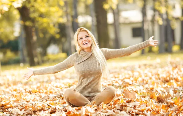 Picture leaves, girl, trees, joy, pose, smile, Park, mood