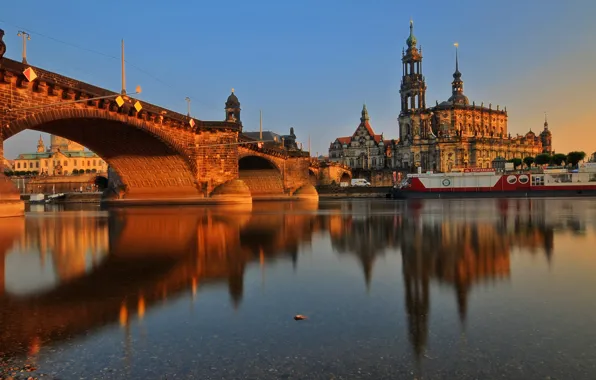 Sunset, bridge, river, building, Germany, architecture, Dresden
