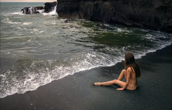 Shore, surf, Naked girl, Catherine Koteneva