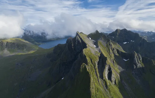 Clouds, mountains, lake, tops, the