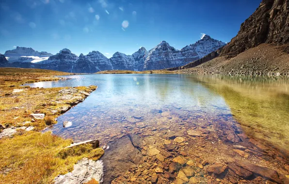 Autumn, mountains, lake, stones, Canada, Albert, Banff National Park, Minnestimma Lake