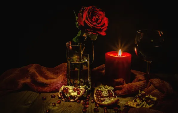 Wine, glass, rose, candle, still life, garnet