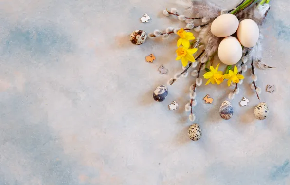 Holiday, eggs, Easter, Verba, daffodils