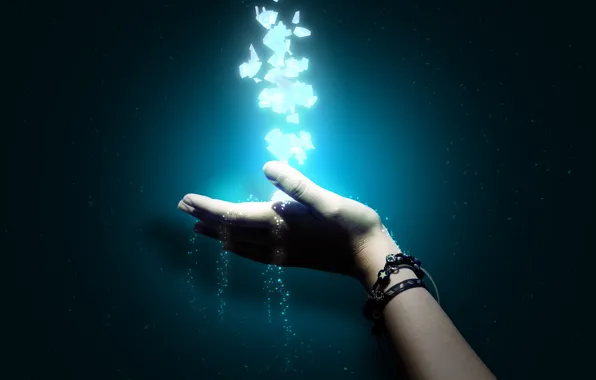 Light, particles, blue, black, Hand, turquoise