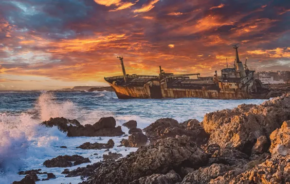 Sea, wave, clouds, light, sunset, stones, shore, ship