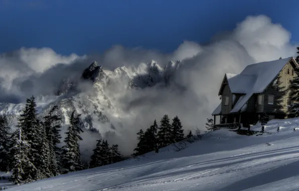 Winter, nature, fog, house, photo, mountains snow