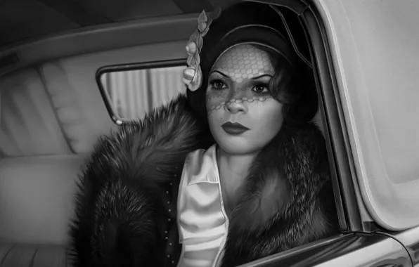 Machine, girl, retro, window, art, black and white, fur, hat