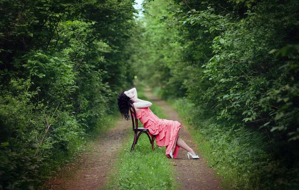 Picture ROAD, FOREST, NATURE, GRASS, GREENS, DRESS, BRUNETTE, CHAIR