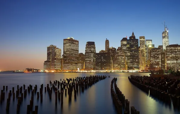 The city, lights, river, building, home, New York, skyscrapers, the evening