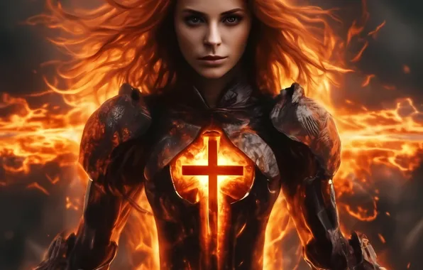 Girl, fire, cross, ai art, cruciform, in the chest