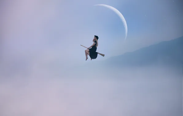 Picture girl, the moon, flight, witch