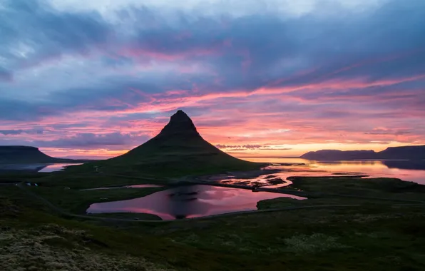Mountain, morning, valley, Iceland, Kirkjufell