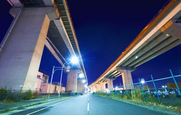 Road, machine, night, Japan, lights, bridges, japan, Nagoya