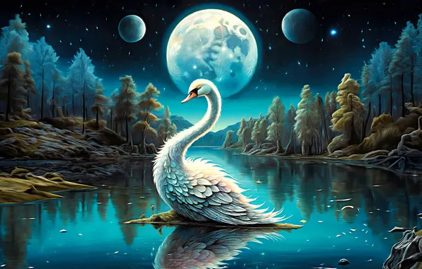 Forest, white, stars, light, night, nature, bird, the moon