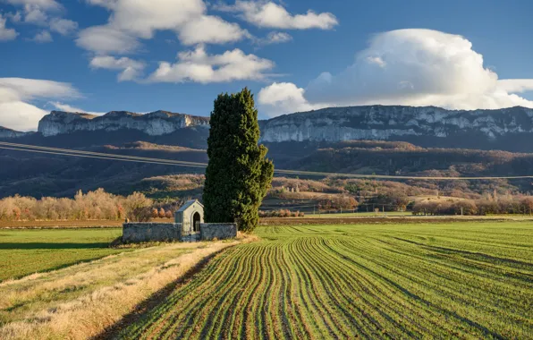 Picture field, mountains, France, chapel, Rubion