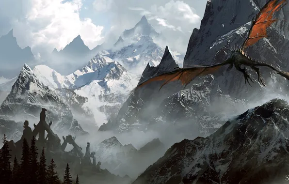 Mountains, dragon, The Elder Scrolls V: Skyrim