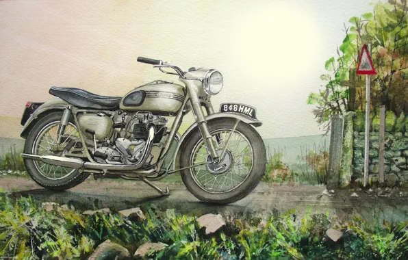 Road, figure, motorcycle, bike, painting, Triumph