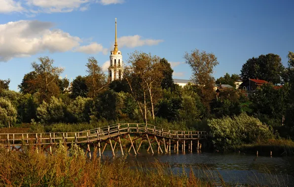 Autumn, the sky, grass, clouds, trees, bridge, river, thickets
