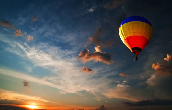 The sky, color, the sun, clouds, light, blue, yellow, red