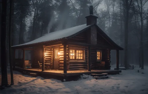 Winter, forest, light, snow, trees, night, nature, comfort