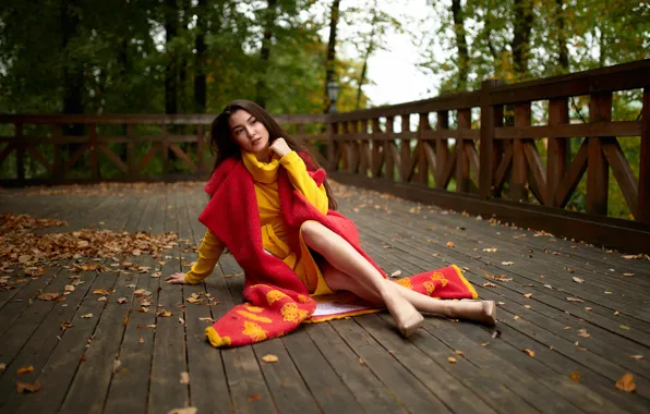 Picture autumn, leaves, girl, pose, coat, terrace, Andrey Kozlov