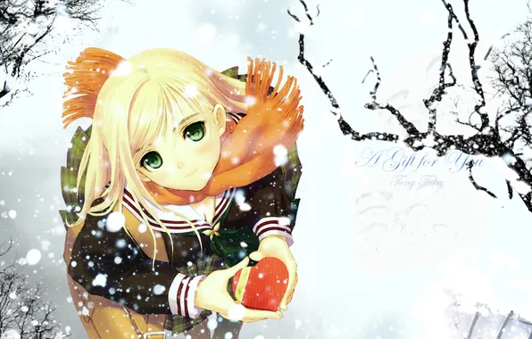 Picture winter, snow, gift, anime, girl, heart, snowfall