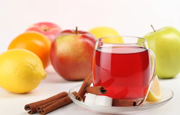 Picture reflection, lemon, apples, Cup, sugar, drink, cinnamon, saucer