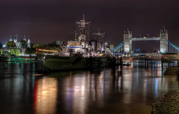 Picture night, bridge, river, ship, Northern Ireland, Belfast