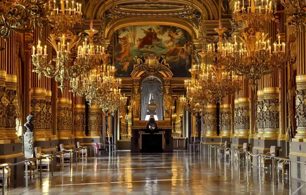 Old, castle, gold, France, beauty, columns, fireplace, marble