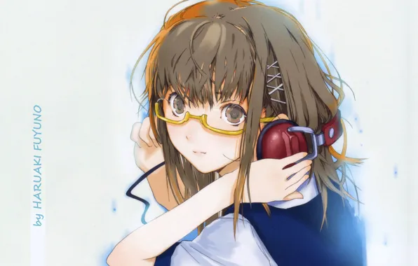 Hands, headphones, glasses, girl, schoolgirl, blue background, bangs, sideways