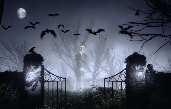 Picture skull, mystic, The moon, cemetery, bat, Halloween, Ghost