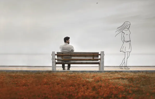 Girl, memories, silhouette, guy, bench, Memory